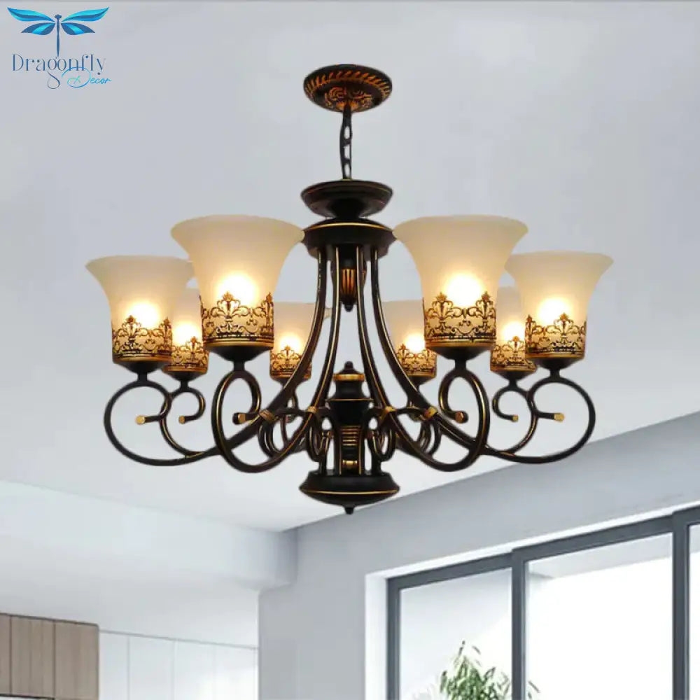 6/8 - Light Ceiling Lamp With Bell Shade Cream Glass Traditional Style Guest Room Chandelier