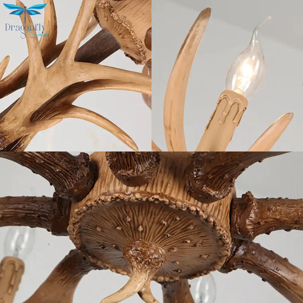 6/8 - Light Resin Chandelier Lamp Rural Brown Antlered Shape Living Room Hanging Pendant With Open