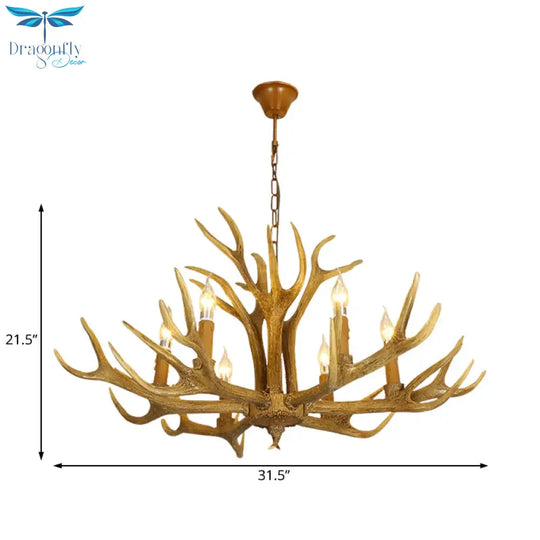 6/8 - Light Resin Chandelier Lamp Rural Brown Antlered Shape Living Room Hanging Pendant With Open