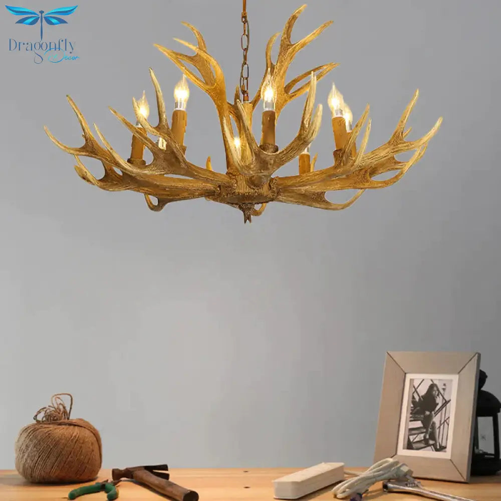 6/8 - Light Resin Chandelier Lamp Rural Brown Antlered Shape Living Room Hanging Pendant With Open
