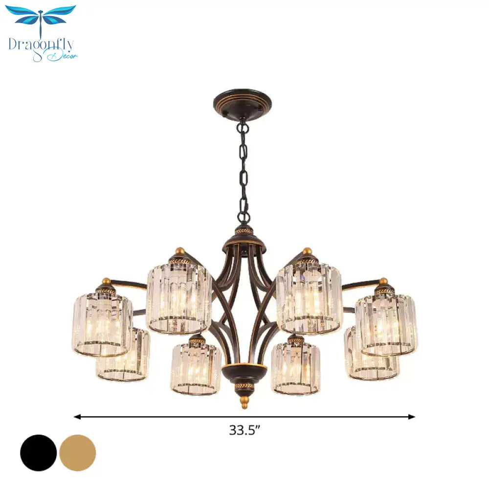 6/8 Lights Chandelier Retro Cylinder/Bell Clear Crystal/White Glass Hanging Pendant In Black/Gold