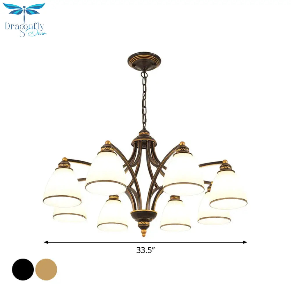 6/8 Lights Chandelier Retro Cylinder/Bell Clear Crystal/White Glass Hanging Pendant In Black/Gold