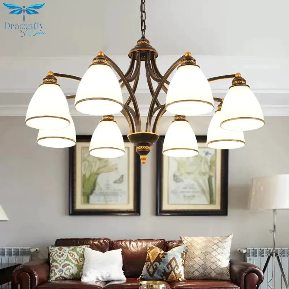 6/8 Lights Chandelier Retro Cylinder/Bell Clear Crystal/White Glass Hanging Pendant In Black/Gold