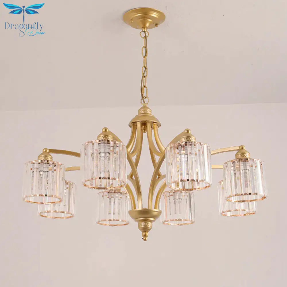 6/8 Lights Chandelier Retro Cylinder/Bell Clear Crystal/White Glass Hanging Pendant In Black/Gold