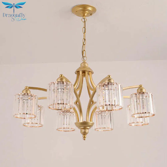 6/8 Lights Chandelier Retro Cylinder/Bell Clear Crystal/White Glass Hanging Pendant In Black/Gold
