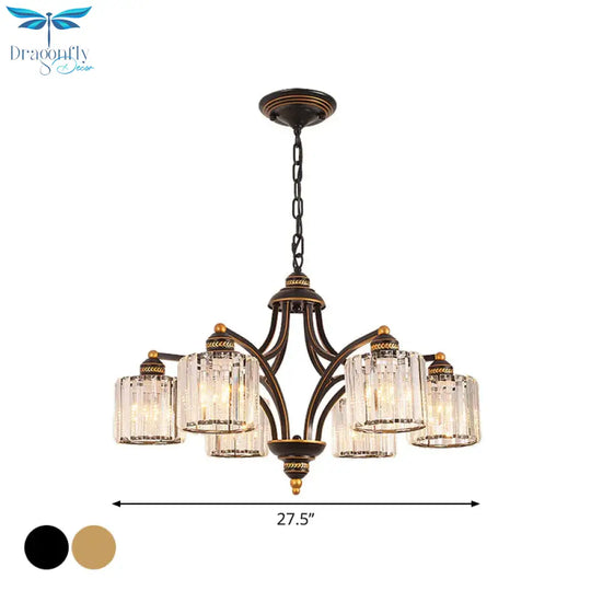6/8 Lights Chandelier Retro Cylinder/Bell Clear Crystal/White Glass Hanging Pendant In Black/Gold