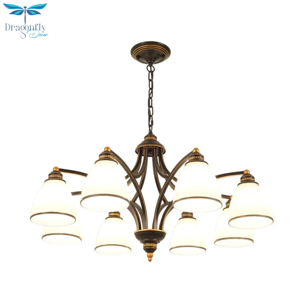 6/8 Lights Chandelier Retro Cylinder/Bell Clear Crystal/White Glass Hanging Pendant In Black/Gold