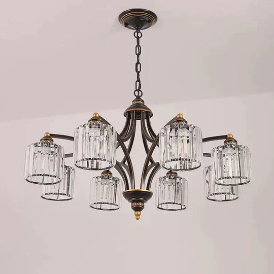 6/8 Lights Chandelier Retro Cylinder/Bell Clear Crystal/White Glass Hanging Pendant In Black/Gold