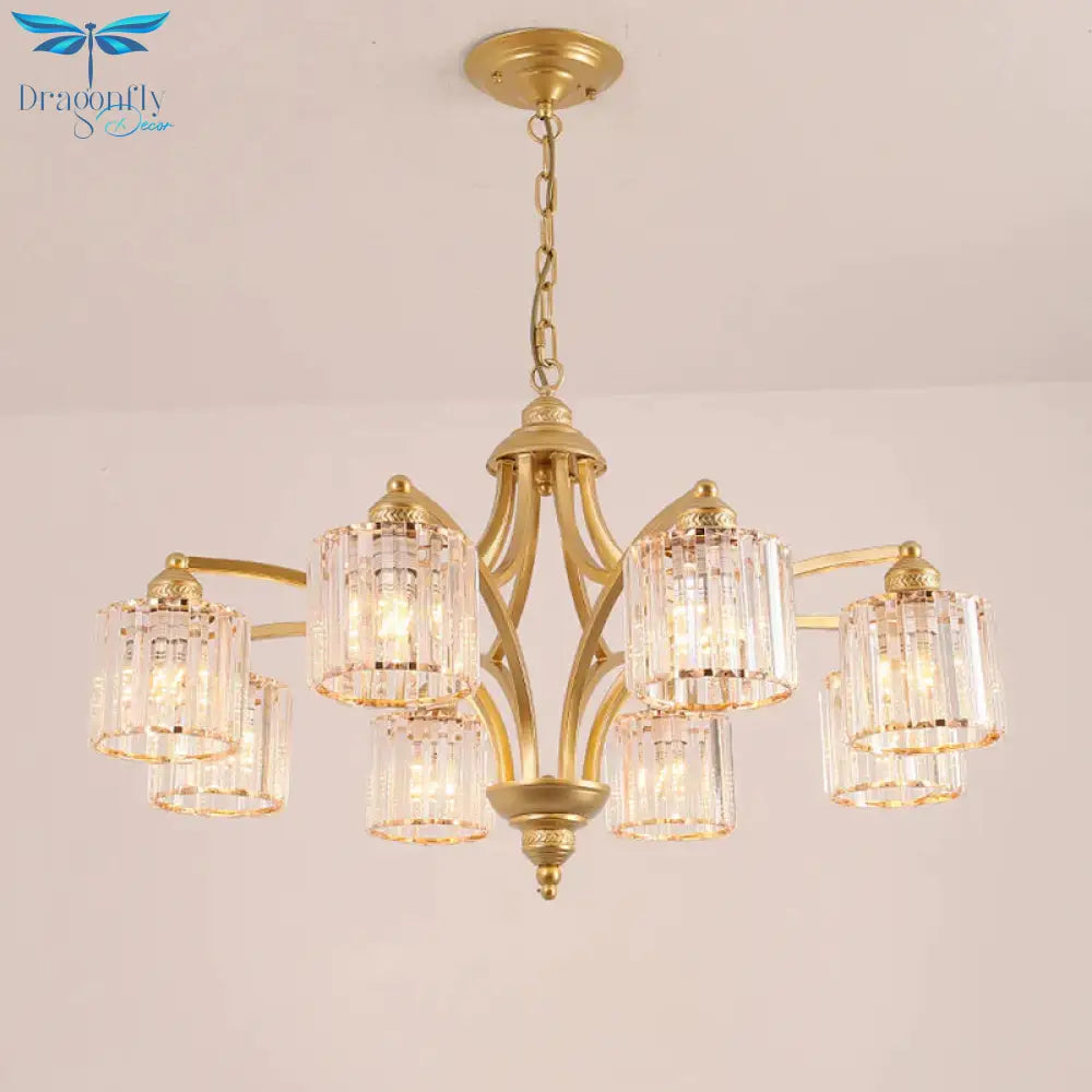 6/8 Lights Chandelier Retro Cylinder/Bell Clear Crystal/White Glass Hanging Pendant In Black/Gold