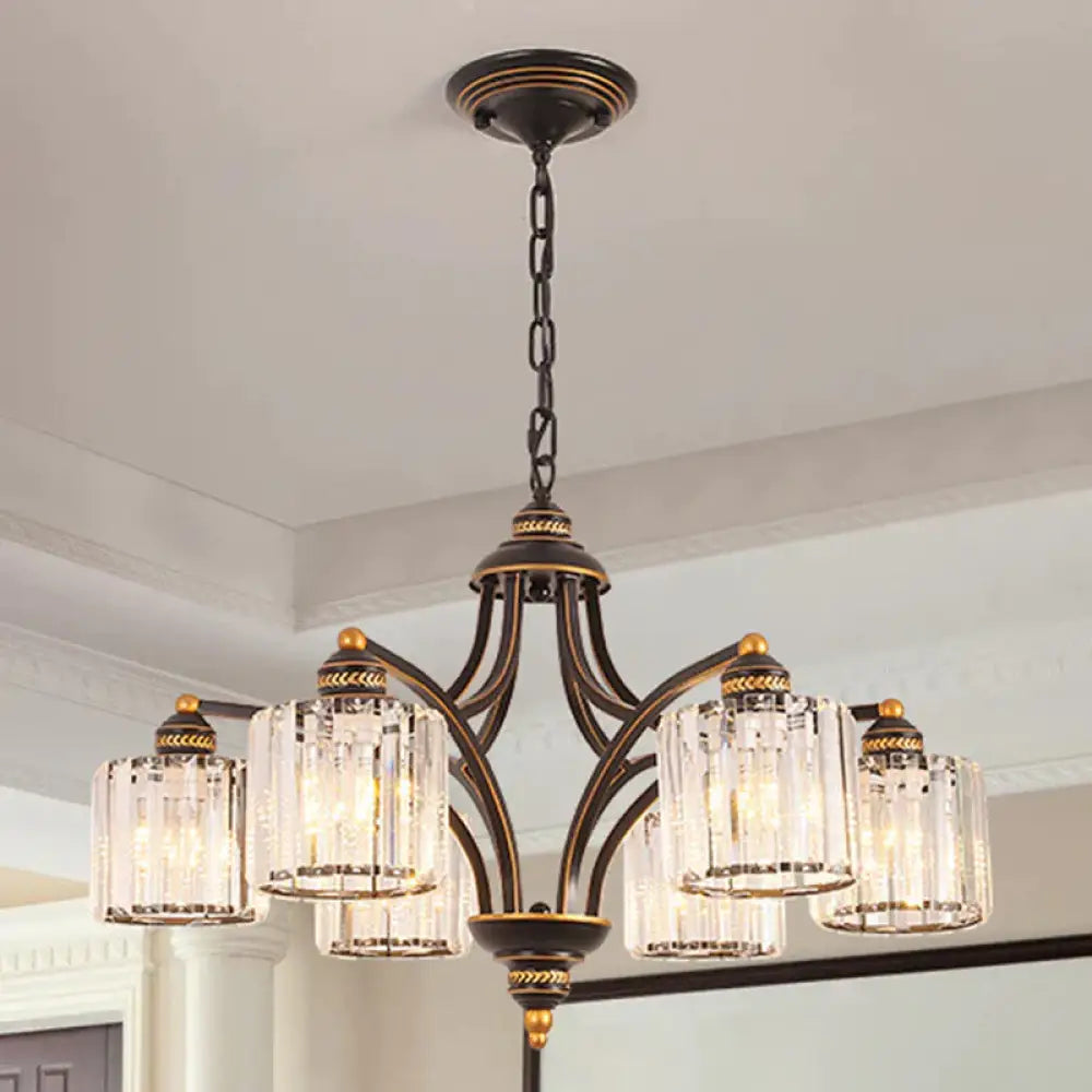 6/8 Lights Chandelier Retro Cylinder/Bell Clear Crystal/White Glass Hanging Pendant In Black/Gold