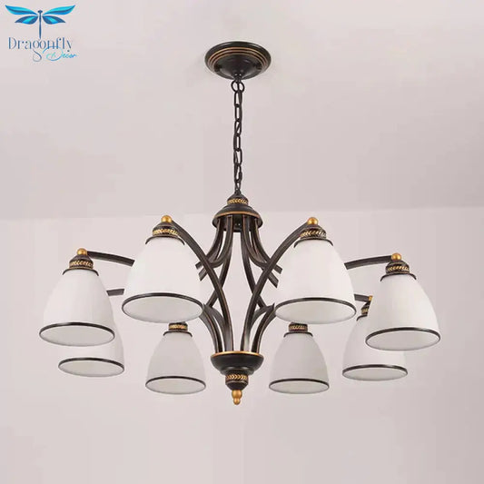 6/8 Lights Chandelier Retro Cylinder/Bell Clear Crystal/White Glass Hanging Pendant In Black/Gold