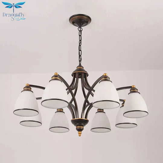 6/8 Lights Chandelier Retro Cylinder/Bell Clear Crystal/White Glass Hanging Pendant In Black/Gold