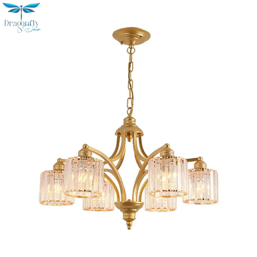 6/8 Lights Chandelier Retro Cylinder/Bell Clear Crystal/White Glass Hanging Pendant In Black/Gold