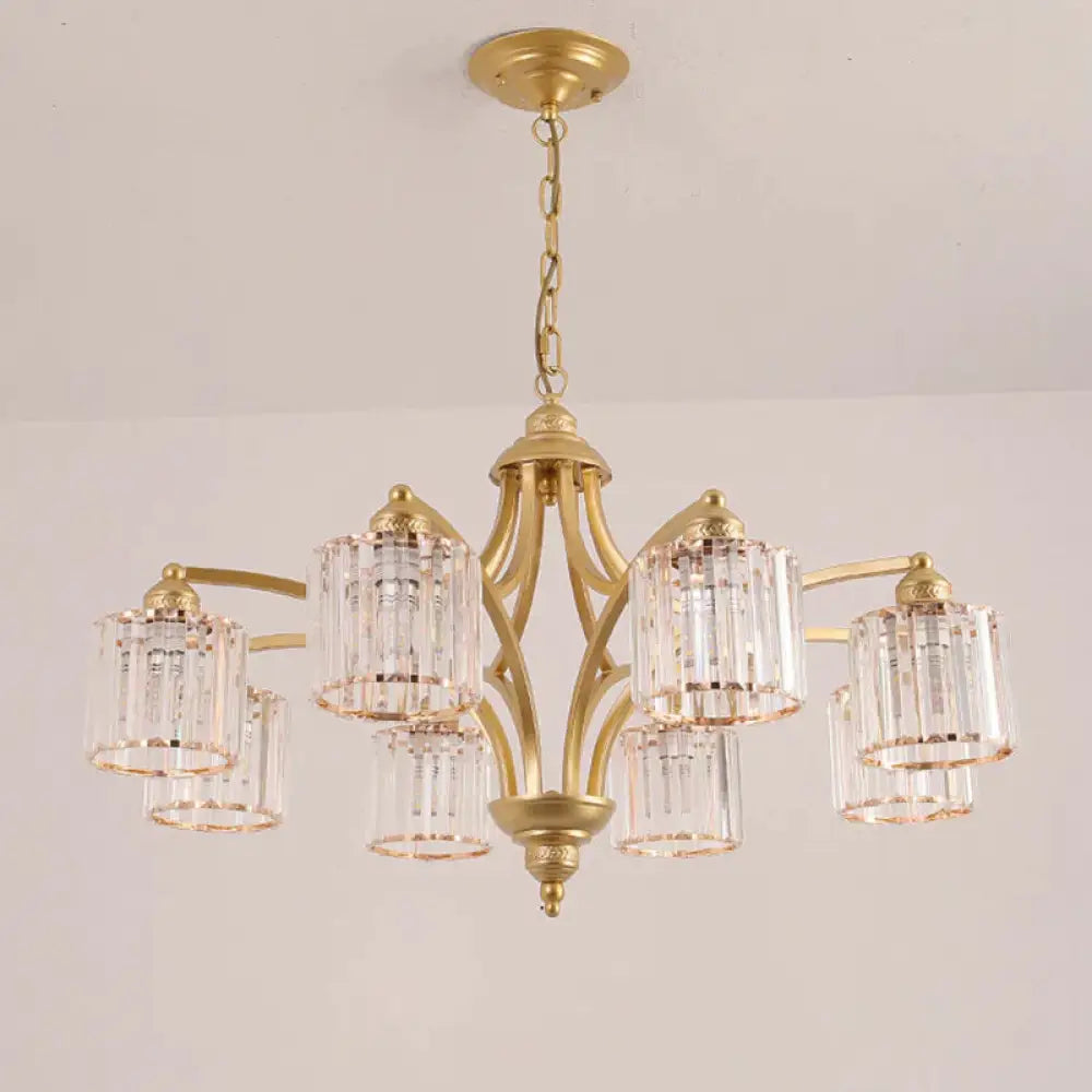 6/8 Lights Chandelier Retro Cylinder/Bell Clear Crystal/White Glass Hanging Pendant In Black/Gold