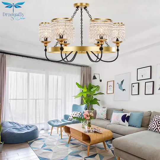 6/8 Lights Crystal Pendant Chandelier Countryside Gold Curving Bedroom Ceiling Suspension Lamp