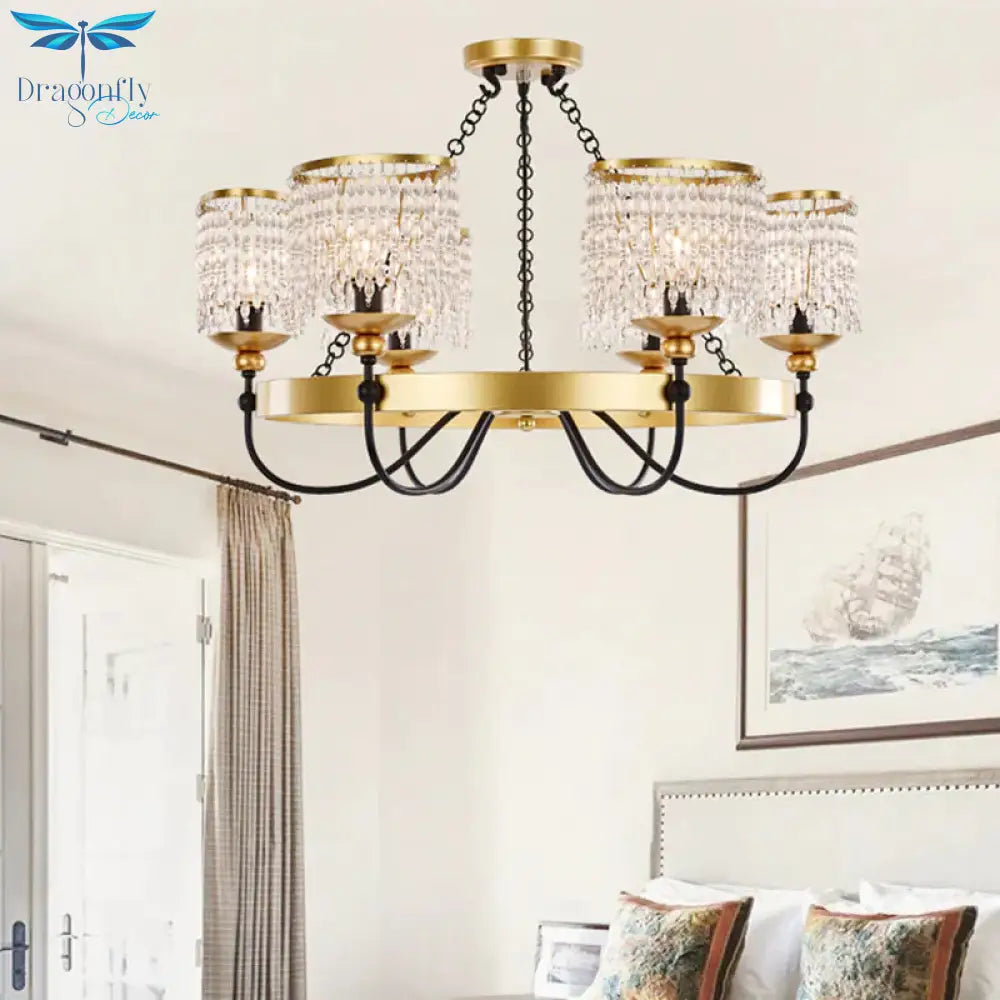 6/8 Lights Crystal Pendant Chandelier Countryside Gold Curving Bedroom Ceiling Suspension Lamp