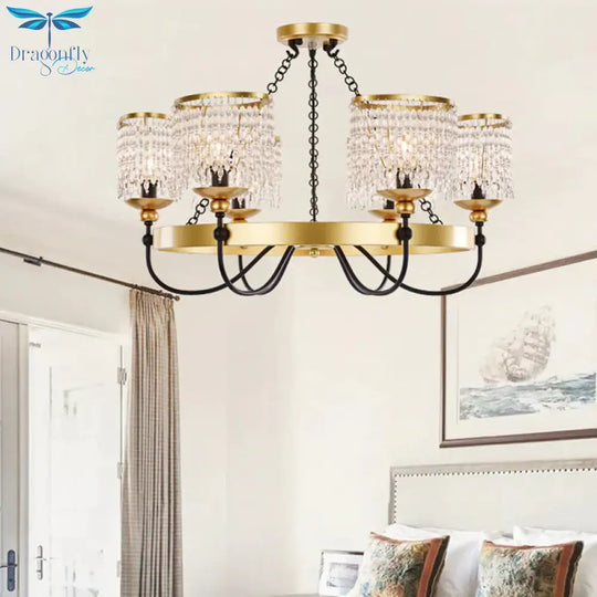 6/8 Lights Crystal Pendant Chandelier Countryside Gold Curving Bedroom Ceiling Suspension Lamp