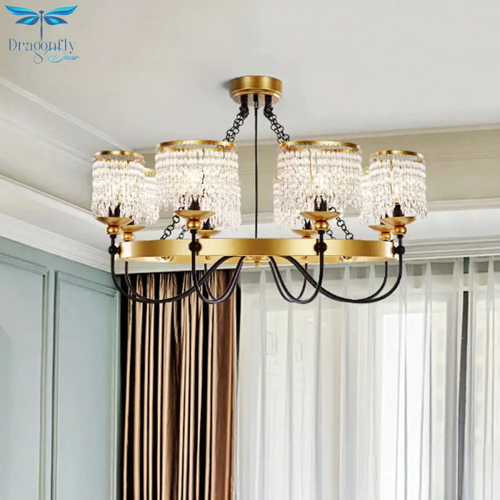 6/8 Lights Crystal Pendant Chandelier Countryside Gold Curving Bedroom Ceiling Suspension Lamp