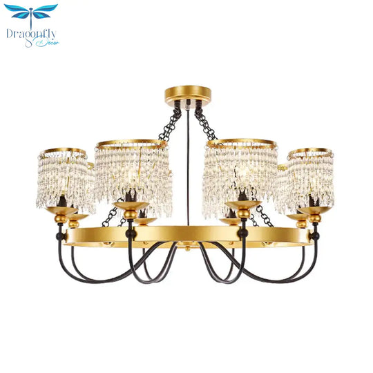 6/8 Lights Crystal Pendant Chandelier Countryside Gold Curving Bedroom Ceiling Suspension Lamp