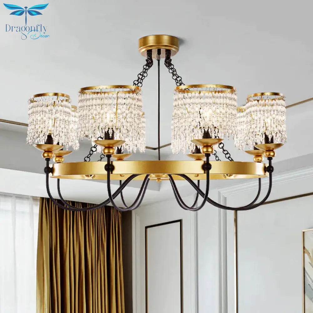 6/8 Lights Crystal Pendant Chandelier Countryside Gold Curving Bedroom Ceiling Suspension Lamp