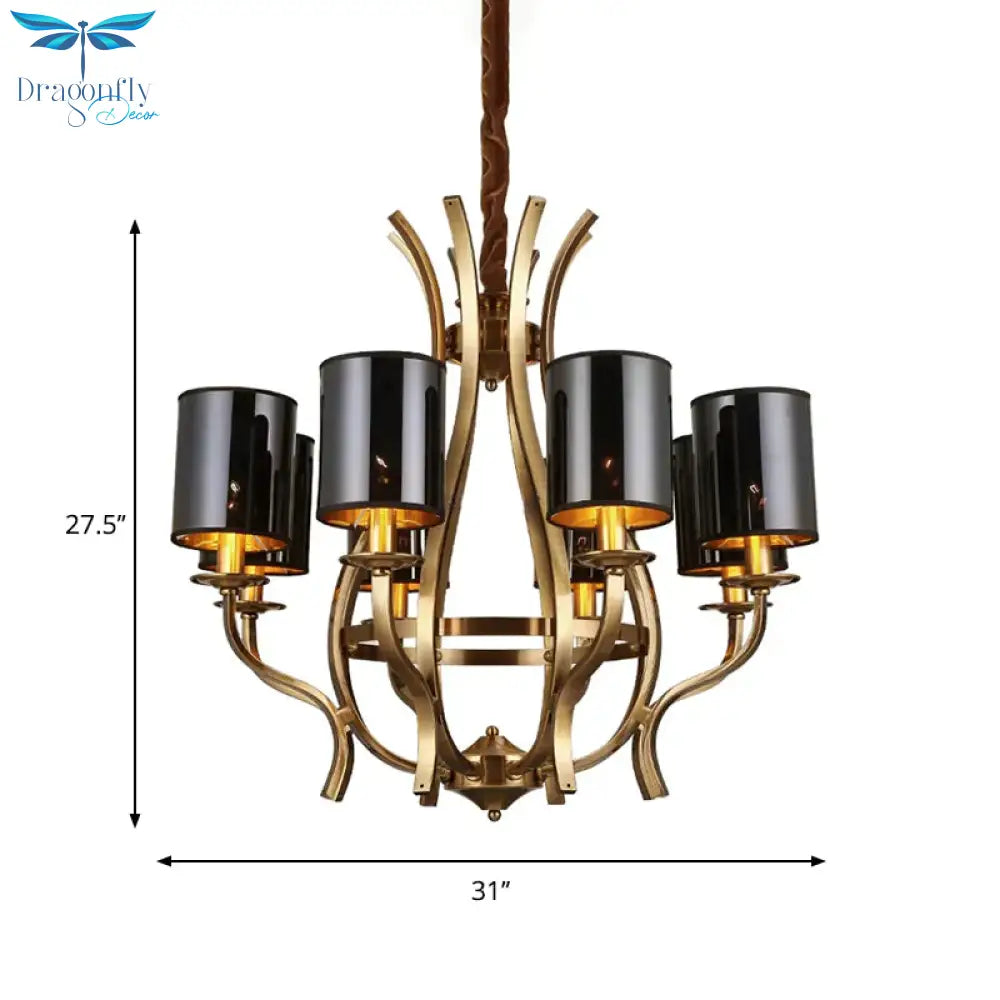 6/8 Lights Cylinder Chandelier Farmhouse Black Fabric Hanging Ceiling Lamp With Iron Vase Design