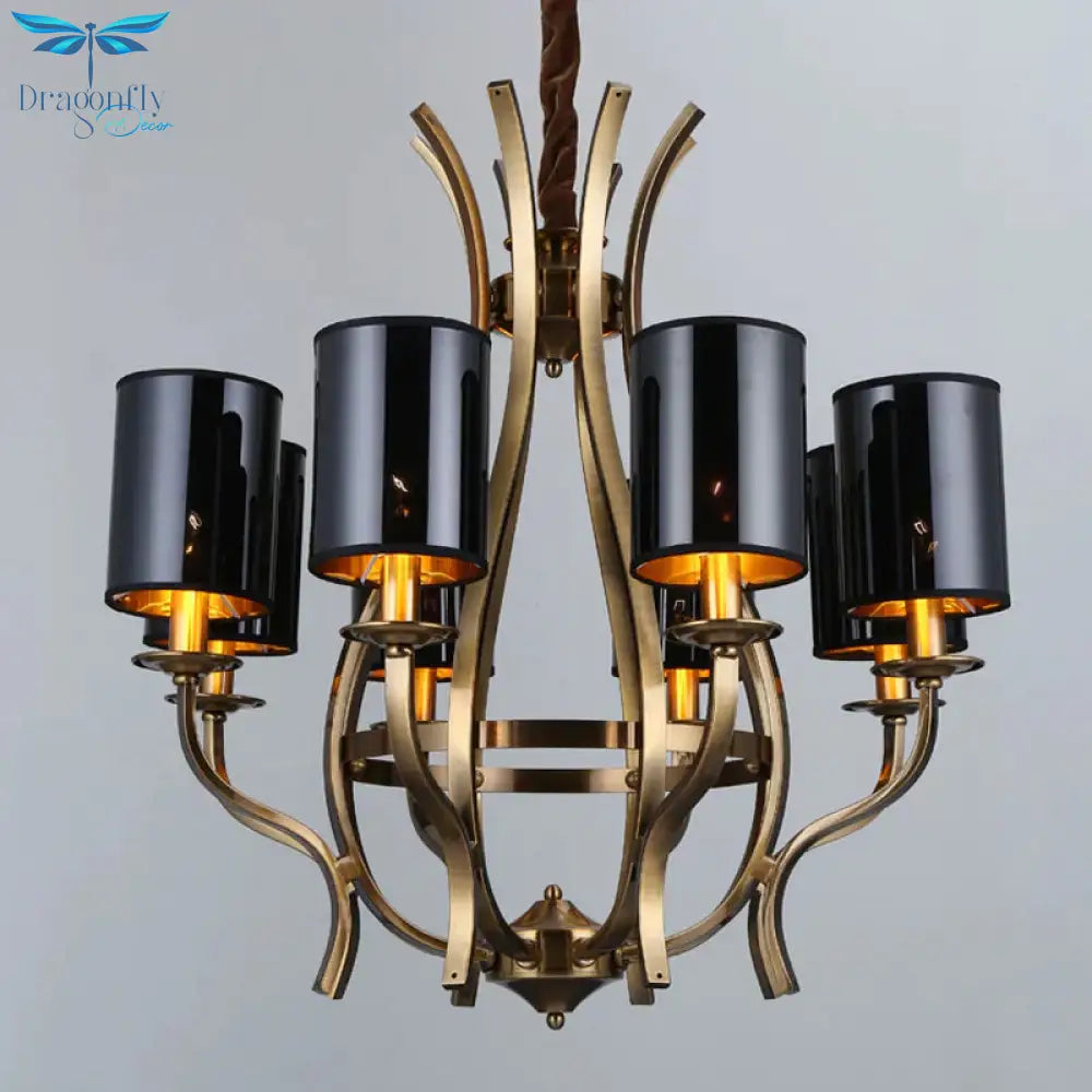 6/8 Lights Cylinder Chandelier Farmhouse Black Fabric Hanging Ceiling Lamp With Iron Vase Design