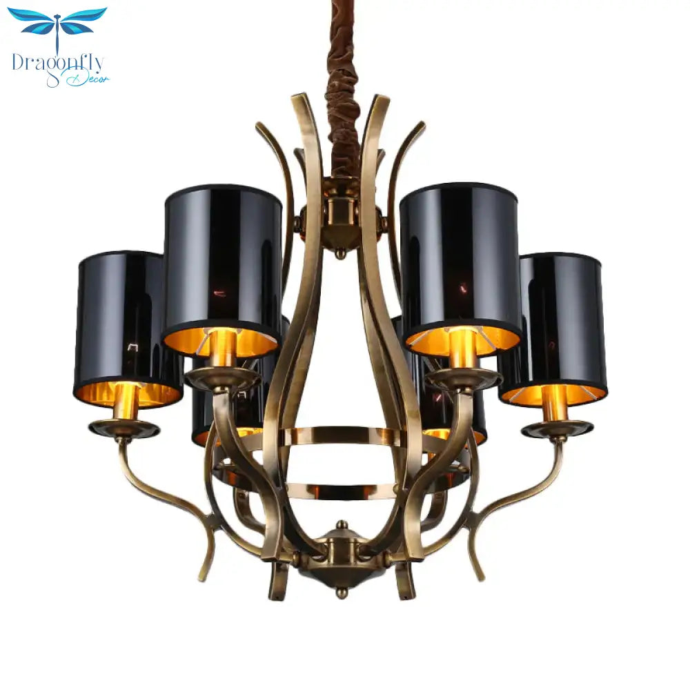 6/8 Lights Cylinder Chandelier Farmhouse Black Fabric Hanging Ceiling Lamp With Iron Vase Design