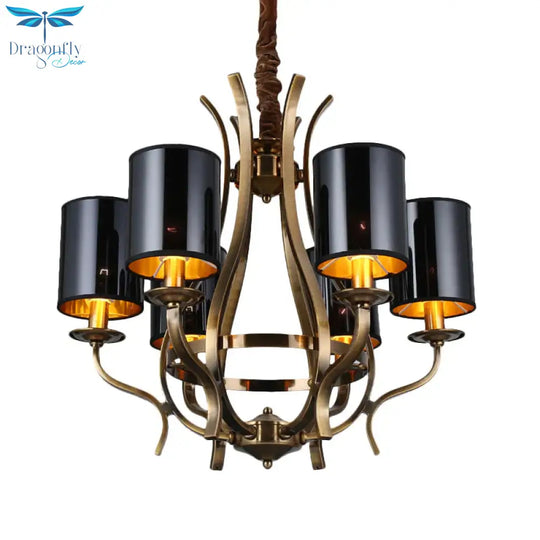 6/8 Lights Cylinder Chandelier Farmhouse Black Fabric Hanging Ceiling Lamp With Iron Vase Design