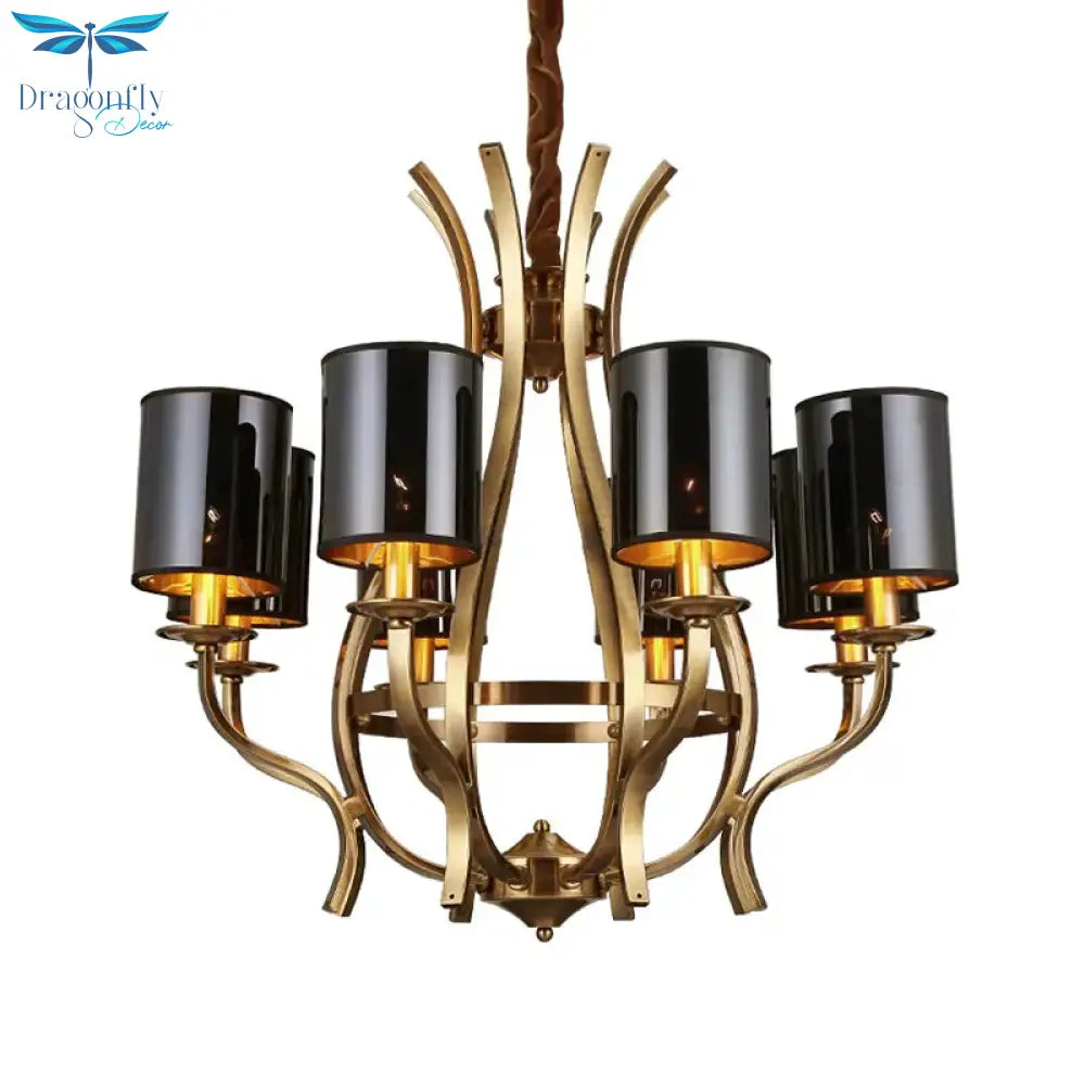 6/8 Lights Cylinder Chandelier Farmhouse Black Fabric Hanging Ceiling Lamp With Iron Vase Design