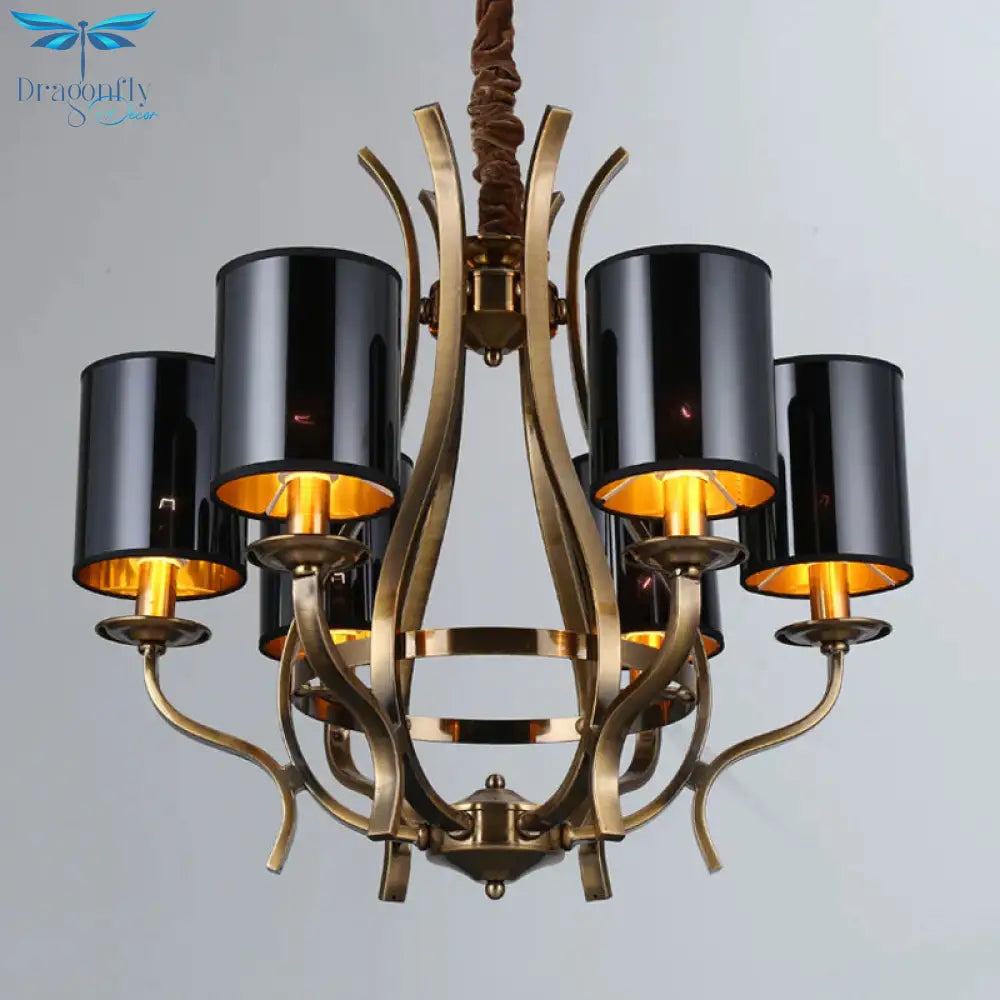 6/8 Lights Cylinder Chandelier Farmhouse Black Fabric Hanging Ceiling Lamp With Iron Vase Design