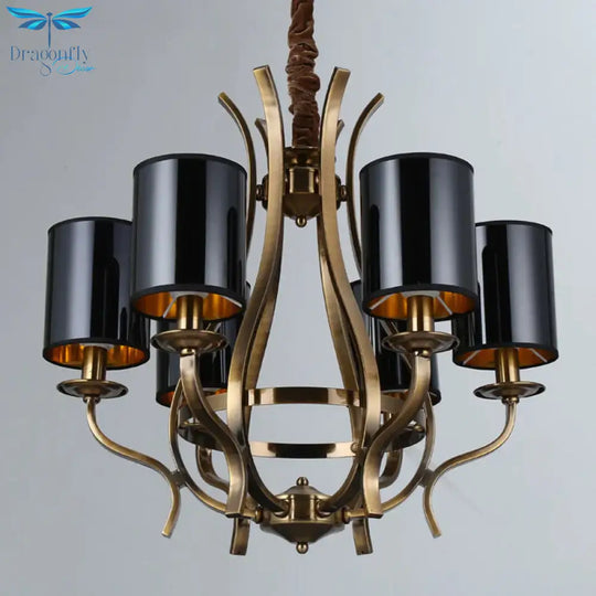 6/8 Lights Cylinder Chandelier Farmhouse Black Fabric Hanging Ceiling Lamp With Iron Vase Design