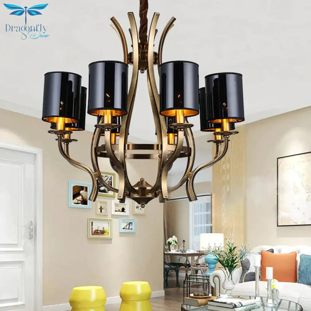 6/8 Lights Cylinder Chandelier Farmhouse Black Fabric Hanging Ceiling Lamp With Iron Vase Design