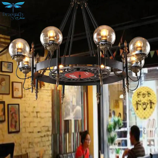 6/8 Lights Globe Chandelier Traditional Style Black Metal Pendant Light Fixture For Dining Room