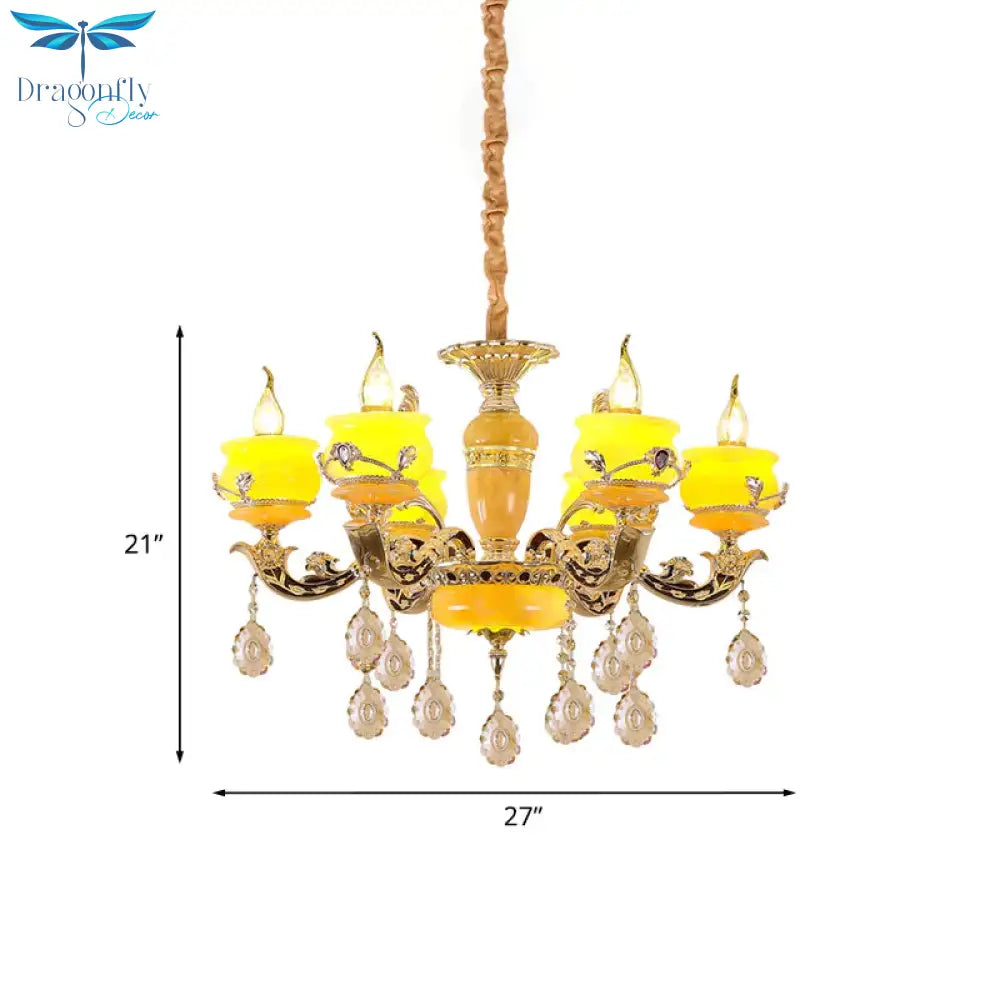 6/8 Lights Jade Ceiling Chandelier Antique Gold Candelabra Dining Room Pendant With Dangling Crystal