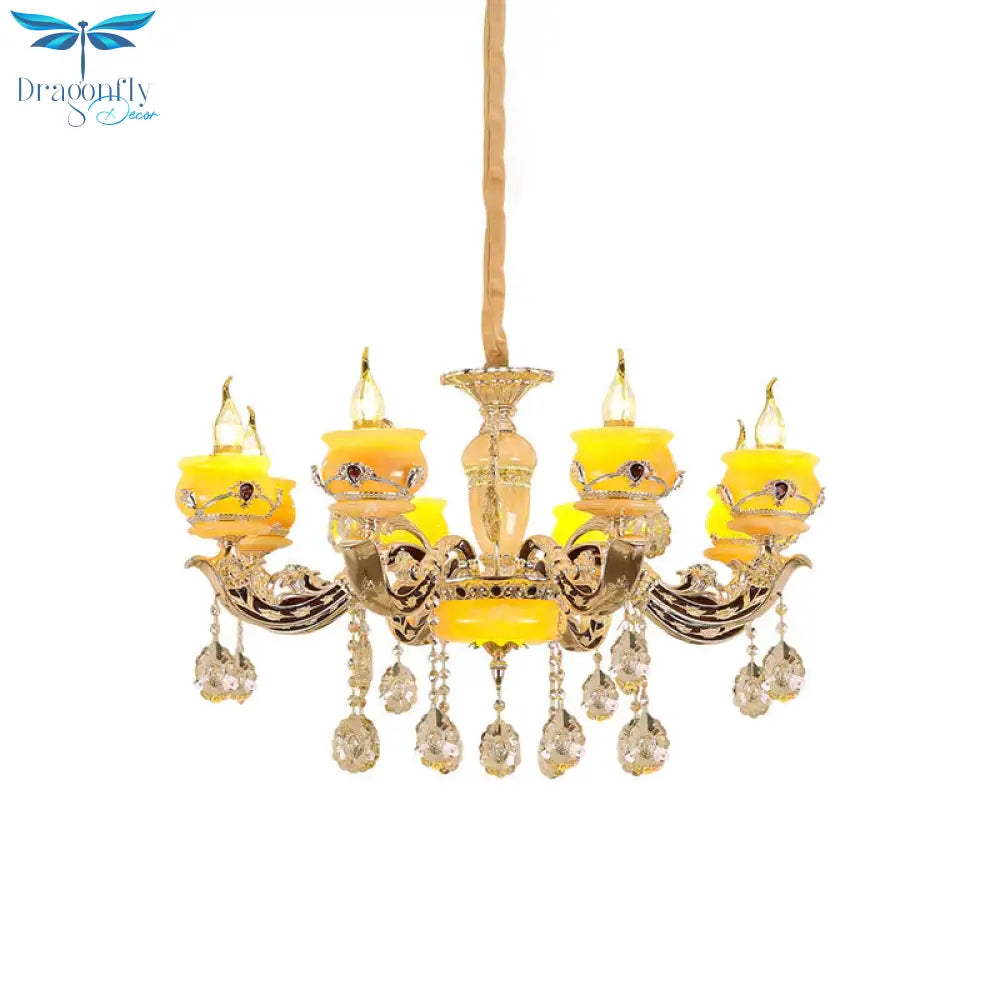 6/8 Lights Jade Ceiling Chandelier Antique Gold Candelabra Dining Room Pendant With Dangling Crystal