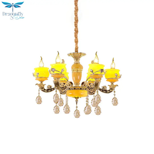 6/8 Lights Jade Ceiling Chandelier Antique Gold Candelabra Dining Room Pendant With Dangling Crystal