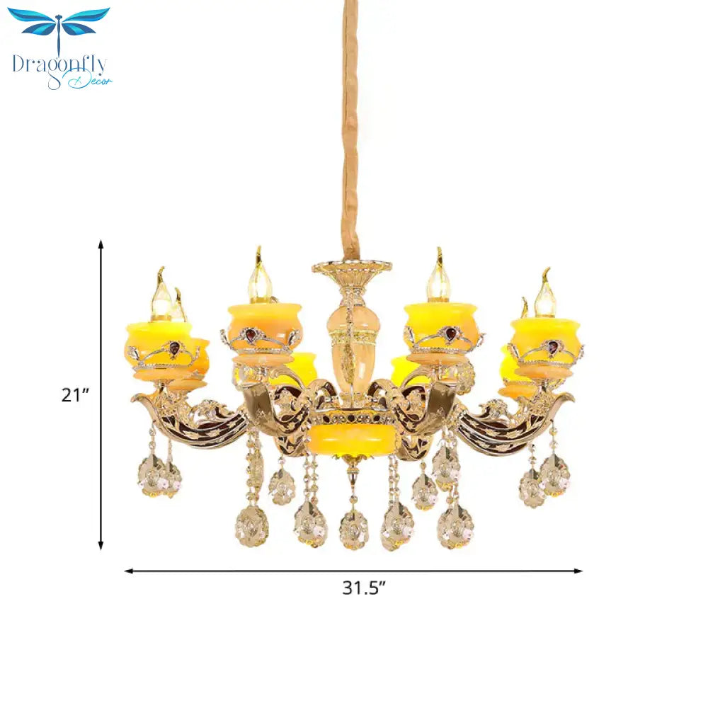 6/8 Lights Jade Ceiling Chandelier Antique Gold Candelabra Dining Room Pendant With Dangling Crystal