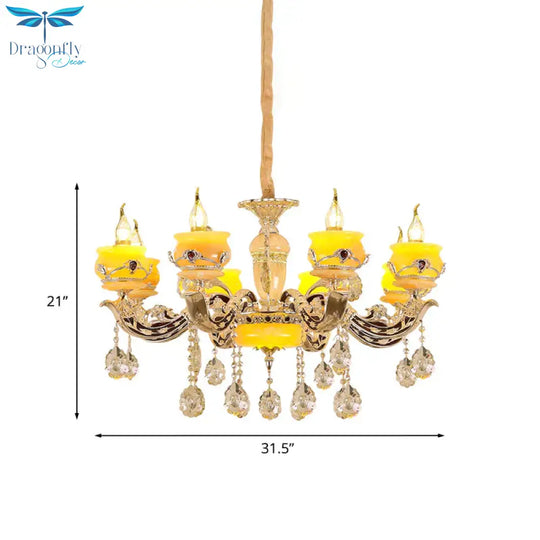 6/8 Lights Jade Ceiling Chandelier Antique Gold Candelabra Dining Room Pendant With Dangling Crystal