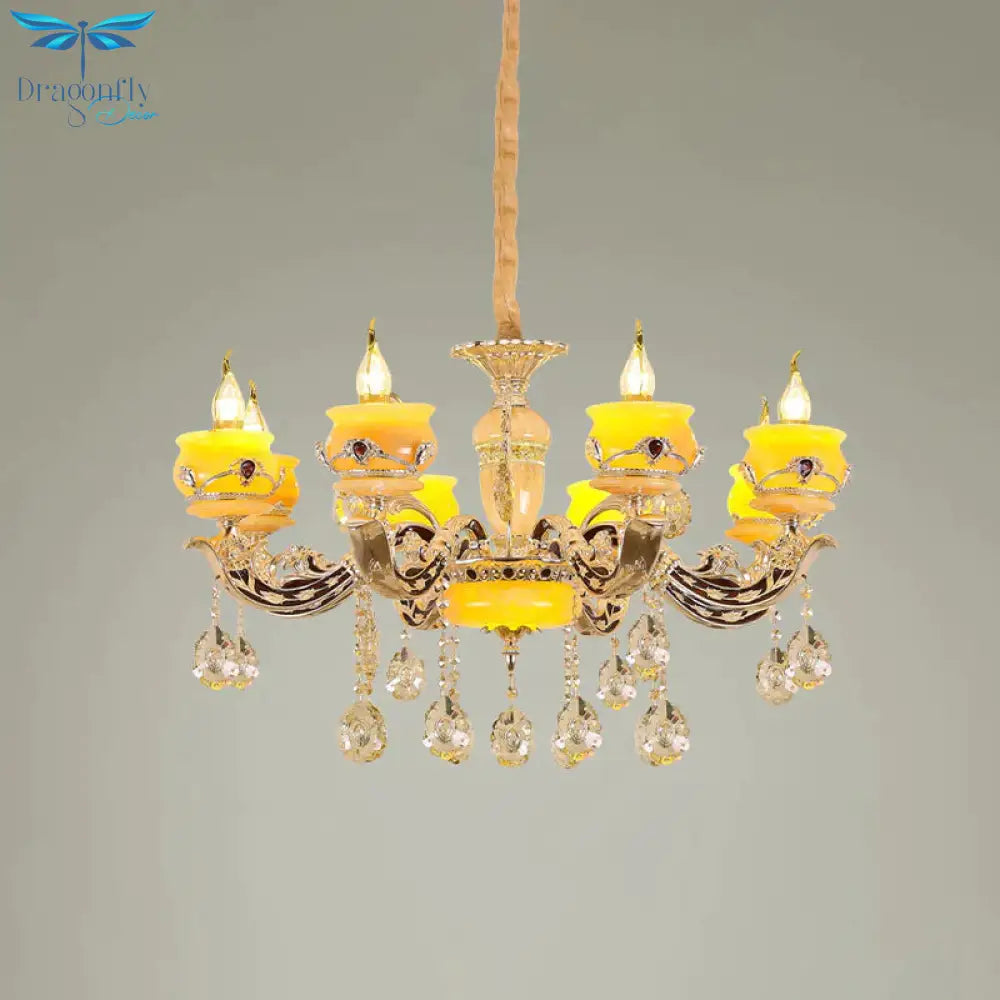6/8 Lights Jade Ceiling Chandelier Antique Gold Candelabra Dining Room Pendant With Dangling Crystal