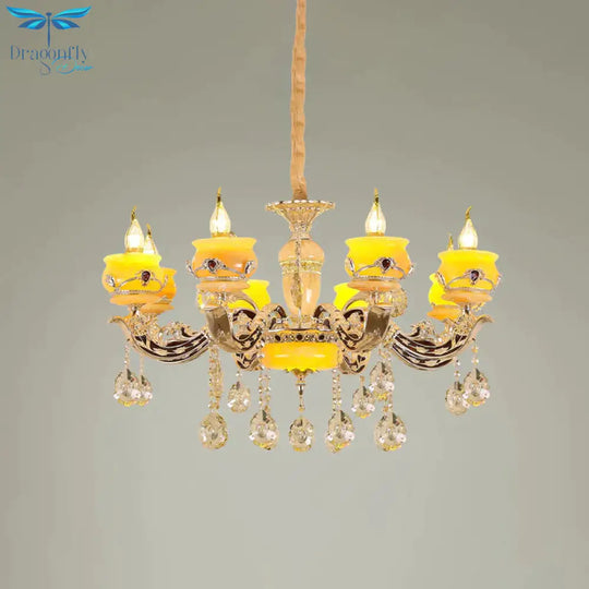 6/8 Lights Jade Ceiling Chandelier Antique Gold Candelabra Dining Room Pendant With Dangling Crystal