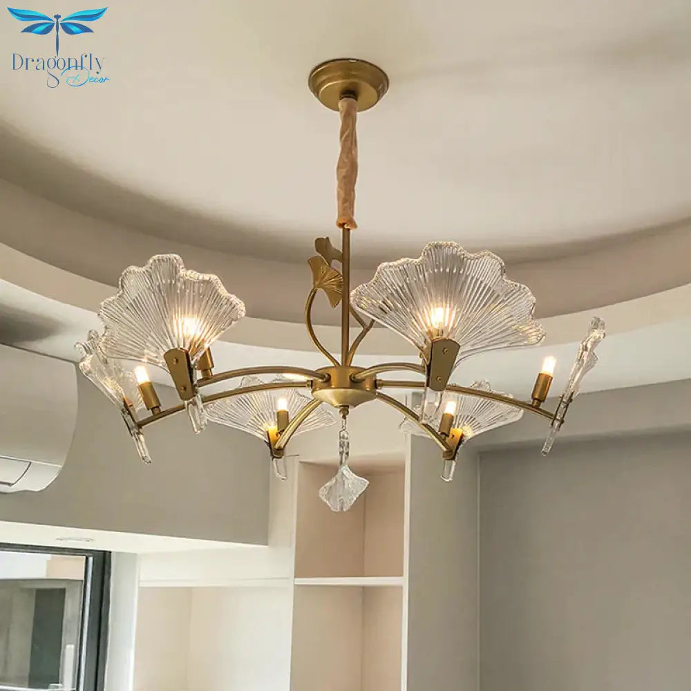 6/8 Lights Leaf - Shaped Ceiling Chandelier Rustic Brass Crystal Hanging Pendant Light For Living