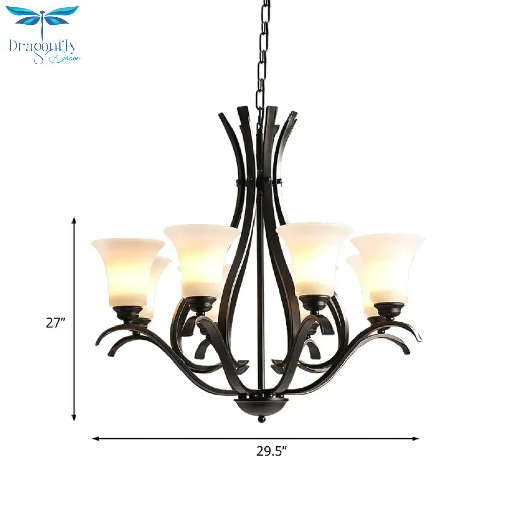 6/8 Lights Milk Glass Chandelier Lamp Retro Style Black Bell Living Room Hanging Pendant Light With