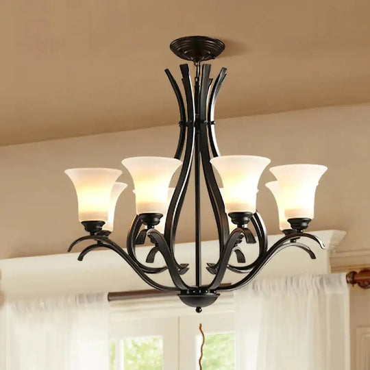 6/8 Lights Milk Glass Chandelier Lamp Retro Style Black Bell Living Room Hanging Pendant Light With