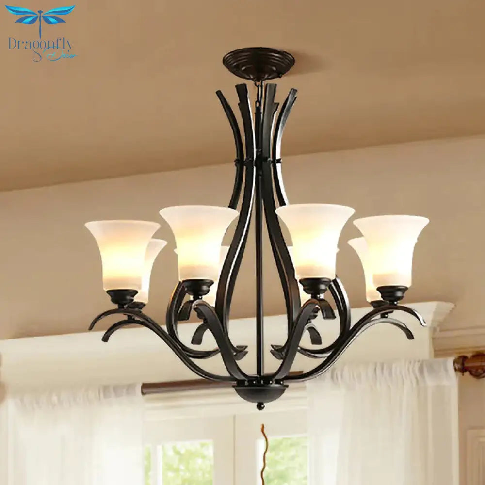 6/8 Lights Milk Glass Chandelier Lamp Retro Style Black Bell Living Room Hanging Pendant Light With