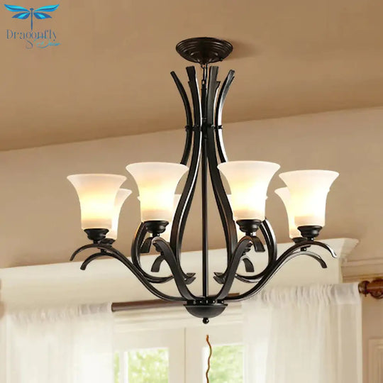6/8 Lights Milk Glass Chandelier Lamp Retro Style Black Bell Living Room Hanging Pendant Light With