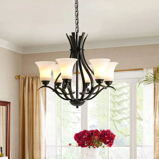 6/8 Lights Milk Glass Chandelier Lamp Retro Style Black Bell Living Room Hanging Pendant Light With
