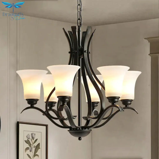 6/8 Lights Milk Glass Chandelier Lamp Retro Style Black Bell Living Room Hanging Pendant Light With
