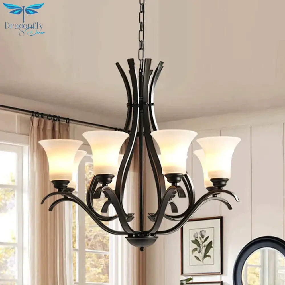 6/8 Lights Milk Glass Chandelier Lamp Retro Style Black Bell Living Room Hanging Pendant Light With