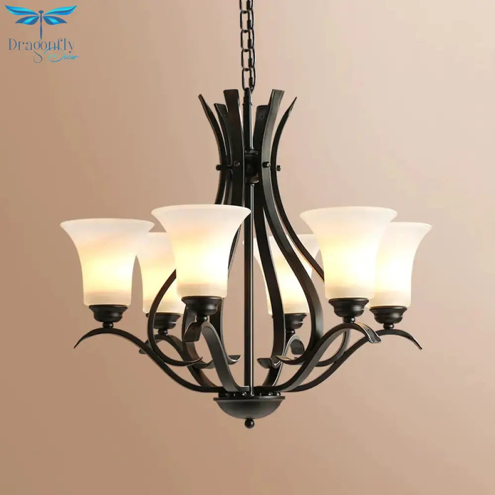 6/8 Lights Milk Glass Chandelier Lamp Retro Style Black Bell Living Room Hanging Pendant Light With