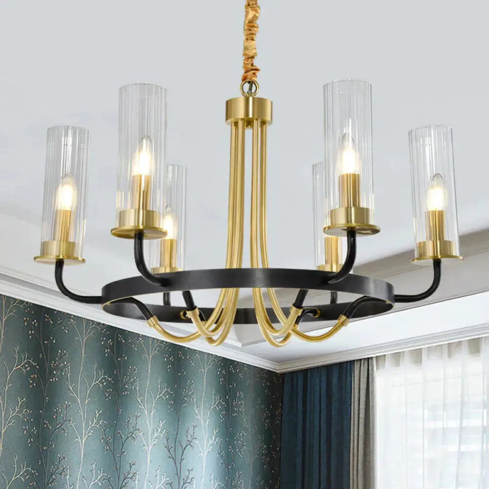 6/8 Lights Pendant Light Classic Tube Clear Glass Hanging Chandelier In Black/Gold With Wheel